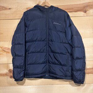 Eddie Bauer Jacket Large Blue Full Zip Down Puffer 650 Wide Channel Hooded